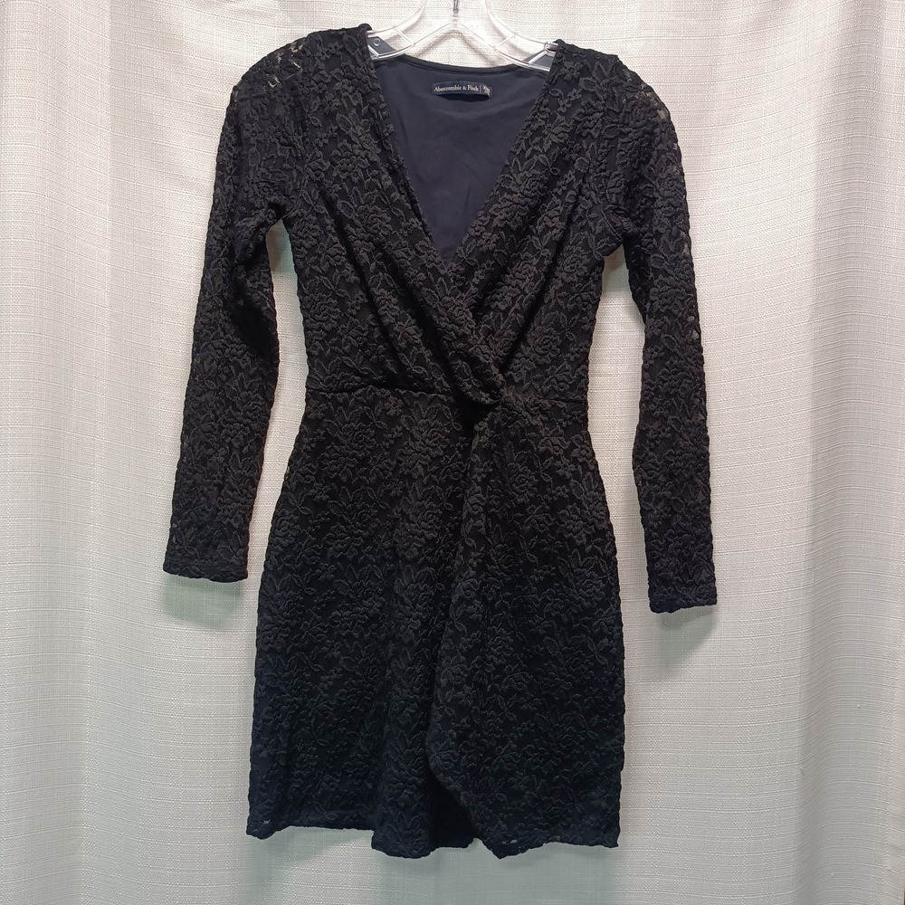 Abercrombie & Fitch Womens XXS Black Lace Dress Faux Wrap Front Long Sleeve Y2K‎